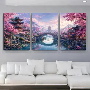 Cherry Blossom Garden Triptych Canvas Wall Art, Asian Inspired Temple Bridge Landscape Print Set, Pink Floral Wall Decor for Living Room Bedroom Office Entryway, Available as Unframed Canvas Poster or Framed Canvas Wrap