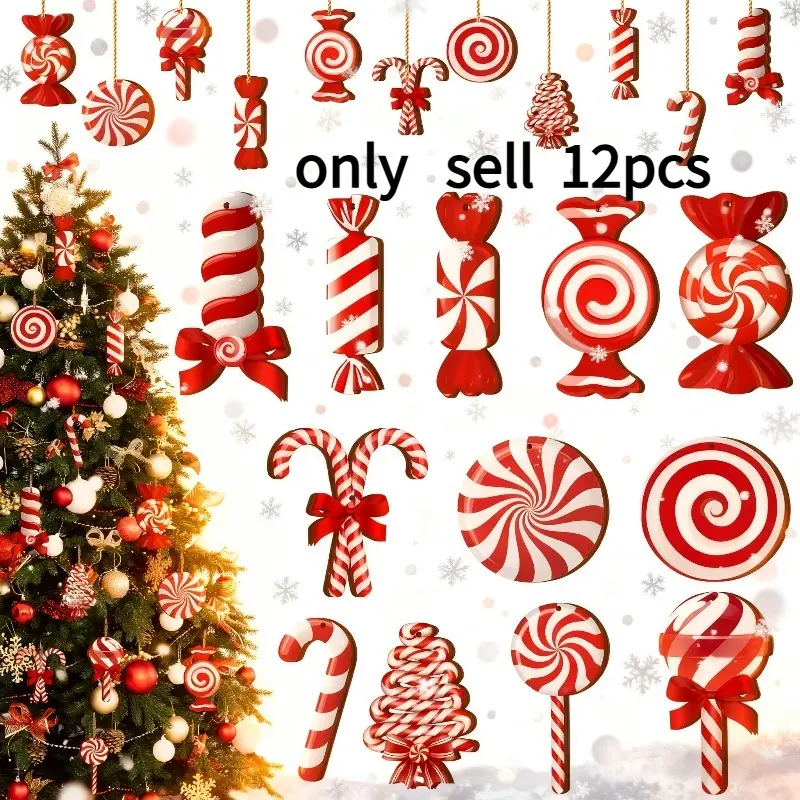 12pcs/set, Red and White Christmas Candy Cane Decoration Set, Wooden Christmas Ornaments, Suitable for Christmas Tree Decoration, Wooden Hanging Peppermint Candy Cane Ball Pendants, New Year Home Decor, Holiday Ornament