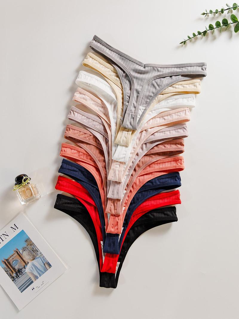 Women's Solid Drop Waist Thong, Summer Wear, Casual Comfortable Fit Ribbed Panty for Daily Wear, Ladies Underwear for All Seasons, Breathable Underwear