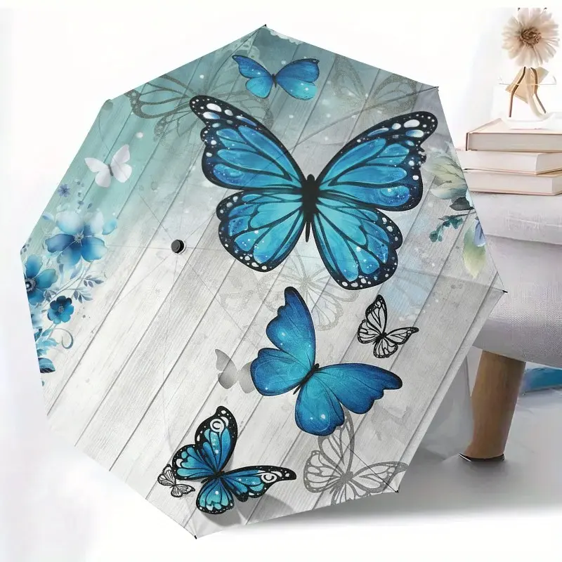 Blue Butterfly Floral Wall Art Automatic Folding Umbrella, Lightweight Compact Travel Umbrella, 8-Rib Sturdy Frame, Unisex, Ideal Gift