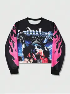 Men's Autumn Winter Casual Pattern Print Loose Fit Pullover Sweatshirt, Long Sleeve, Letter Cartoon Design, Spring & Fall Fashion