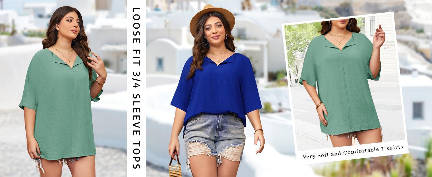 Imily Bela Curve 【XL-5XL】Womens Plus Size Tops Short Sleeve V Neck Tee Blouse Summer Loose Fit Casual Tunic Top