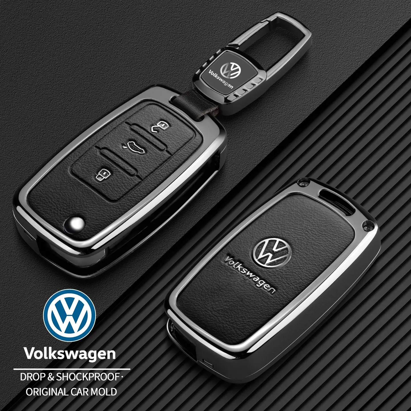 Volkswagen Car Key Cover for Golf Passat Polo Tiguan Jetta Touran Caddy, Leather Metal Remote Control Protector, Key Fob Protector, Key Ring Case