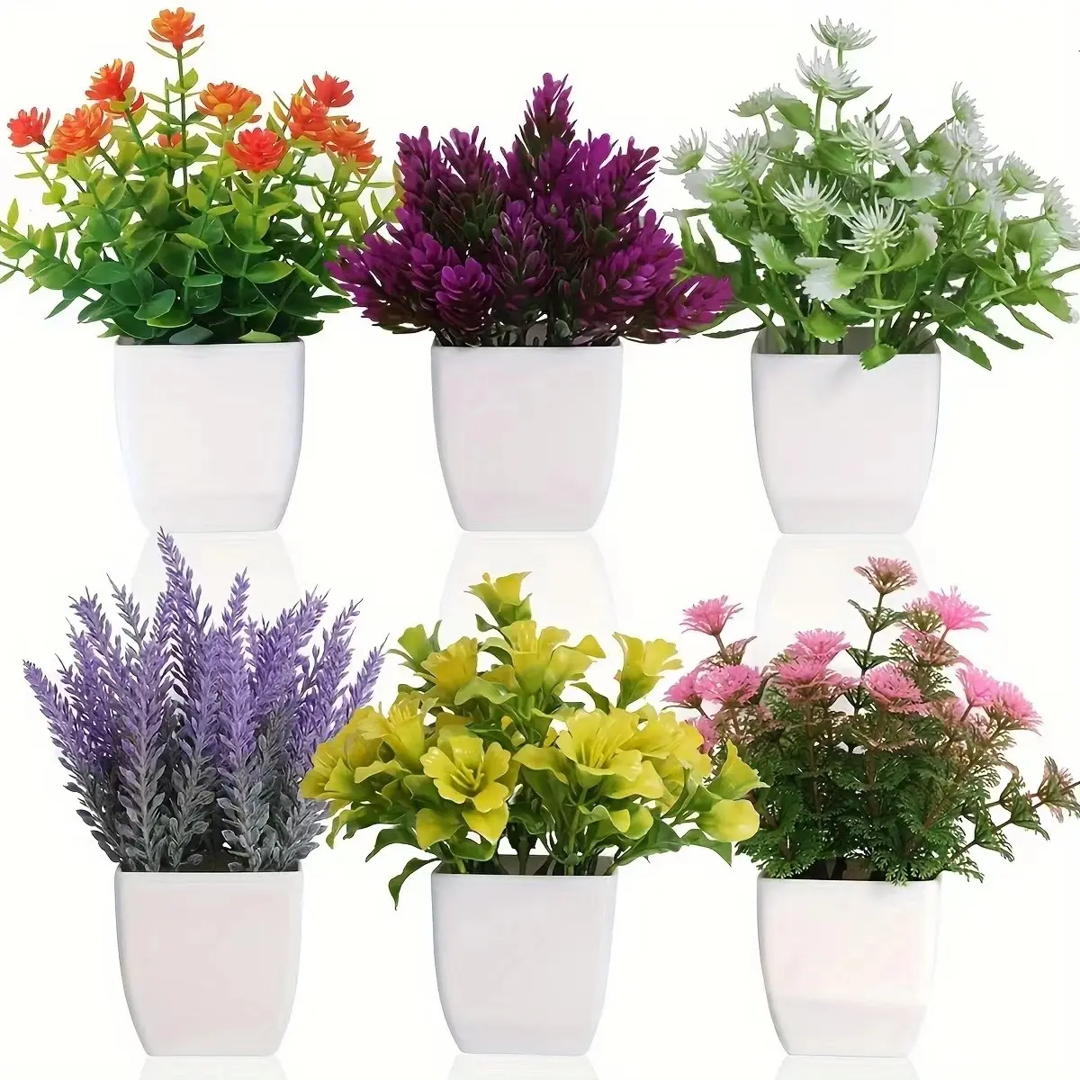 6 Mini Artificial Plants with Flowers, Small Fake Plants for Home Room, Farmhouse Bathroom Decor, Indoor Use