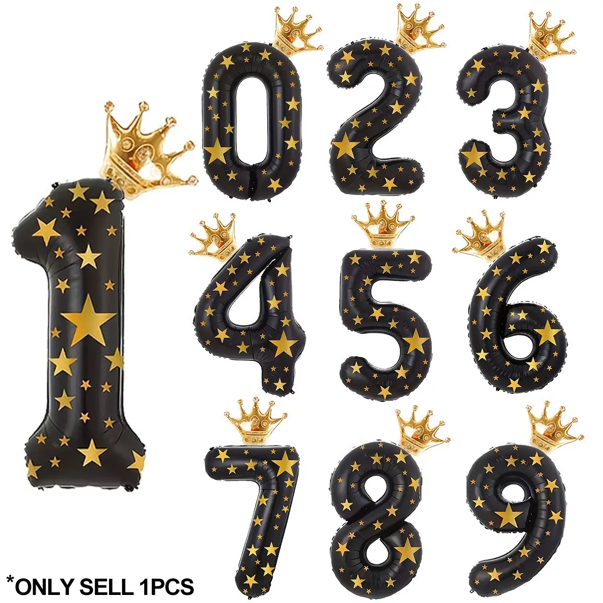5PCS (Black Large 32 inch Digital 0-9 Aluminum Film Balloon, Golden Crown, Golden Star Adhesive Paper) Black Digital Aluminum Film Balloon Halloween Theme Spooky Birthday Party Decoration, Baptism Party, Anniversary, Engagement Scene Decoration