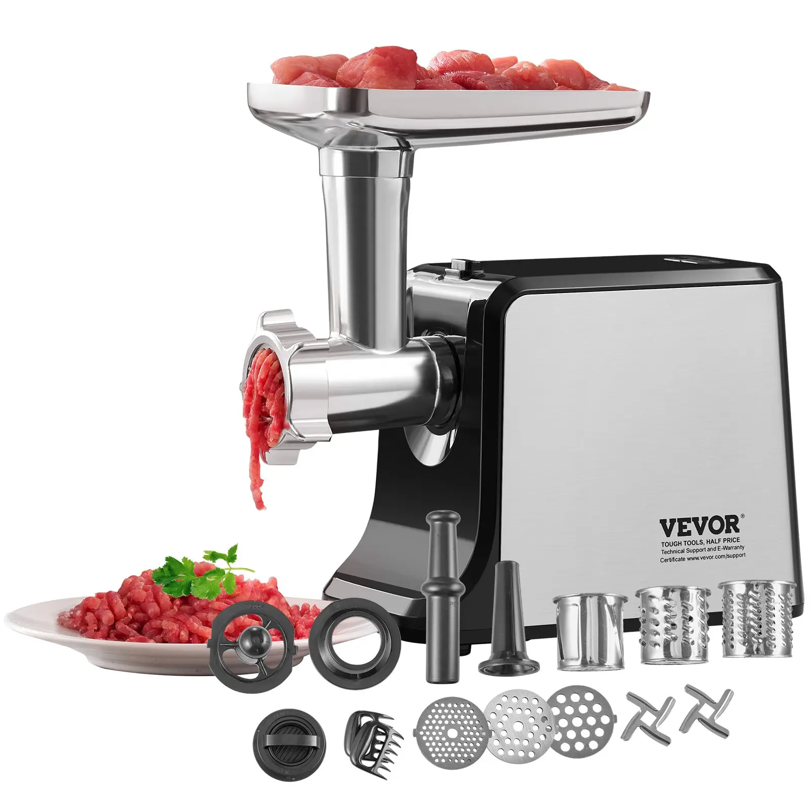 【Summerfinds】VEVOR Meat Grinder, 3 Lbs/Min Capacity Electric Meat Grinders with Blade, Grinding Plate, Sausage Maker, Kubbe Kit, Burger Press, Chopper Attachment, Stainless Steel Meat Mincer for Home Kitchen