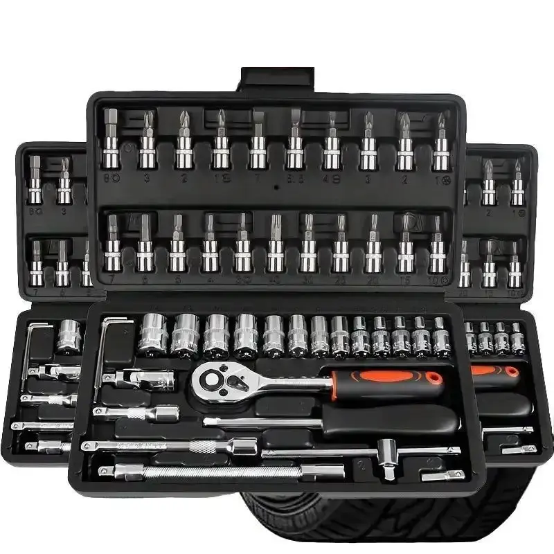 Compact 1/4 in Drive 46-Piece Chrome Vanadium Steel Tool Kit - Quick Release Socket Ratchet Wrench, Metric Sizes Bit Sockets, Extension Bar, Storage Case for Auto Repair, Household Use
