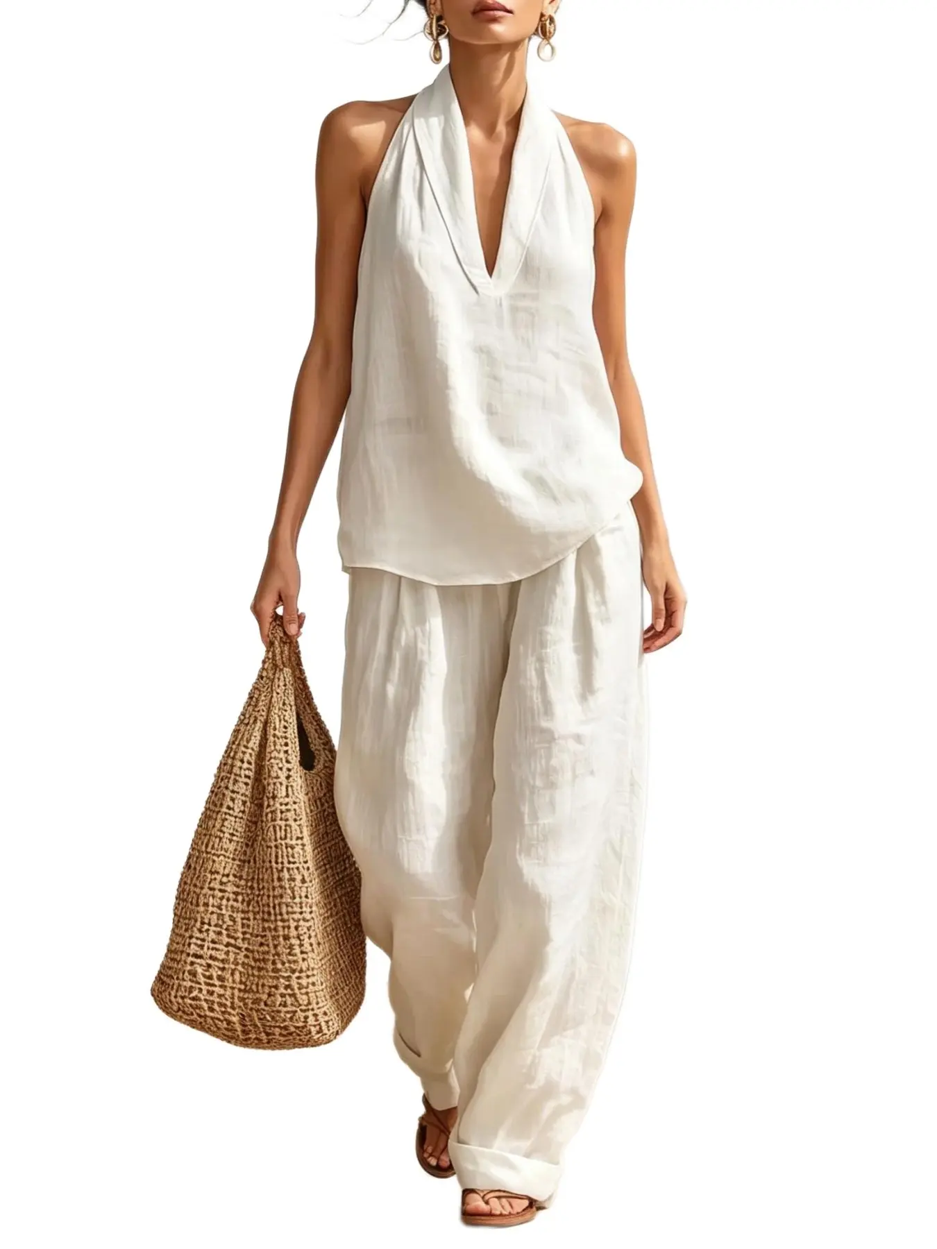 A8081 Minimalist Luxury Vacation Two-Piece Set, Cross V-Neck Sleeveless Top + Pocket Wide Leg Pants, Breathable and Flowy, Summer Beach