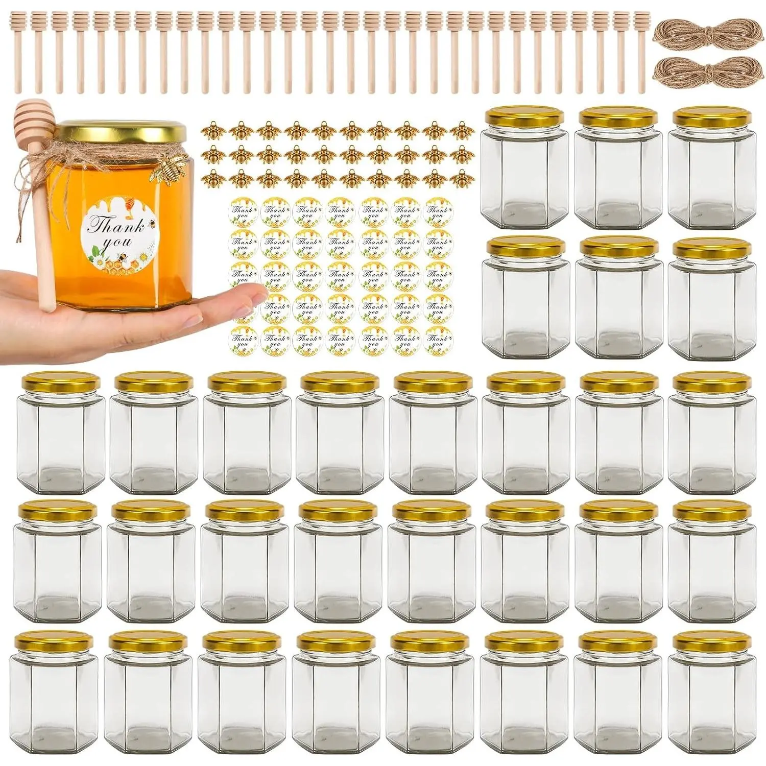 30 Pack 6 oz Mini Hexagon Glass Honey Jars with Wood Dippers, Gold Lids, Bee Pendants, Jutes, Stickers for Wedding Favors, Party Favors, Candle Making