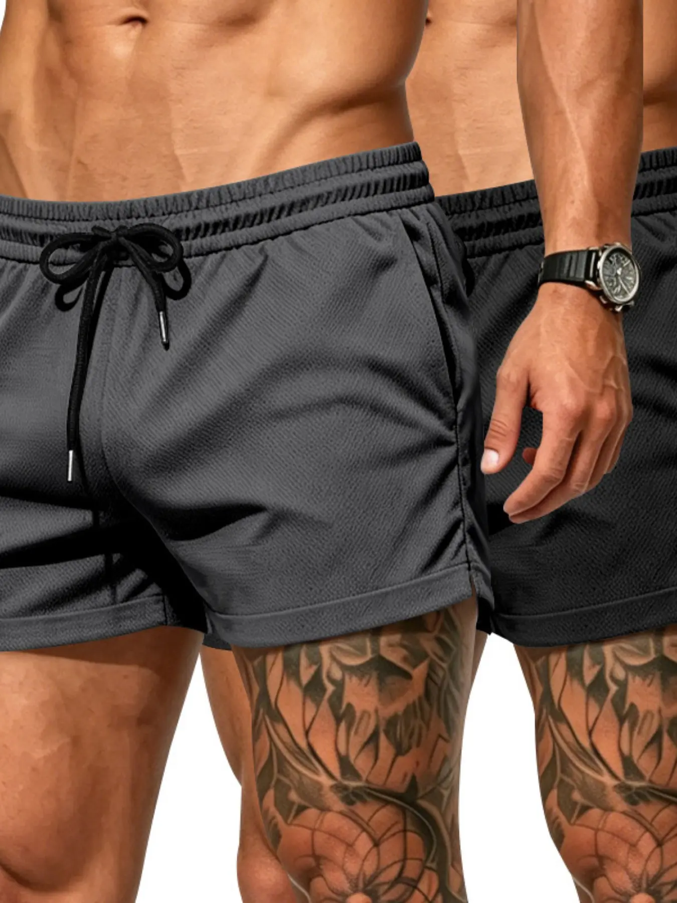 Men's Quick-Dry Three-Quarter Gym Shorts, Elastic Waist Drawstring, Dual Side Pockets, Breathable Fitness Training Shorts, Multi-Color, 2-Pack