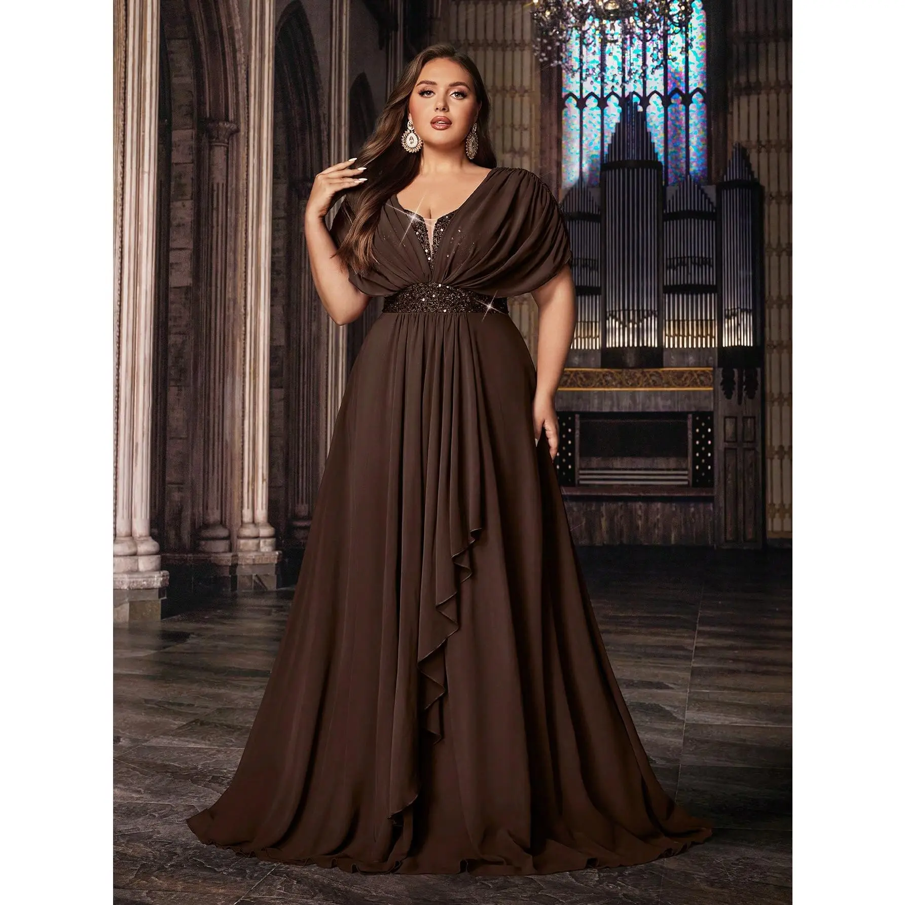 Women's Plus-Size Elegant Deep V-neck Sequin Patchwork Formal Maxi Dress, Batwing Sleeve Chiffon Formal Evening Gown, Red Ruffle A-line Skirt Prom Party Dress, Christmas Red Dress, Birthday Dress, Cocktail Dress, Wedding Guest Dress, Bridesmaid Dress