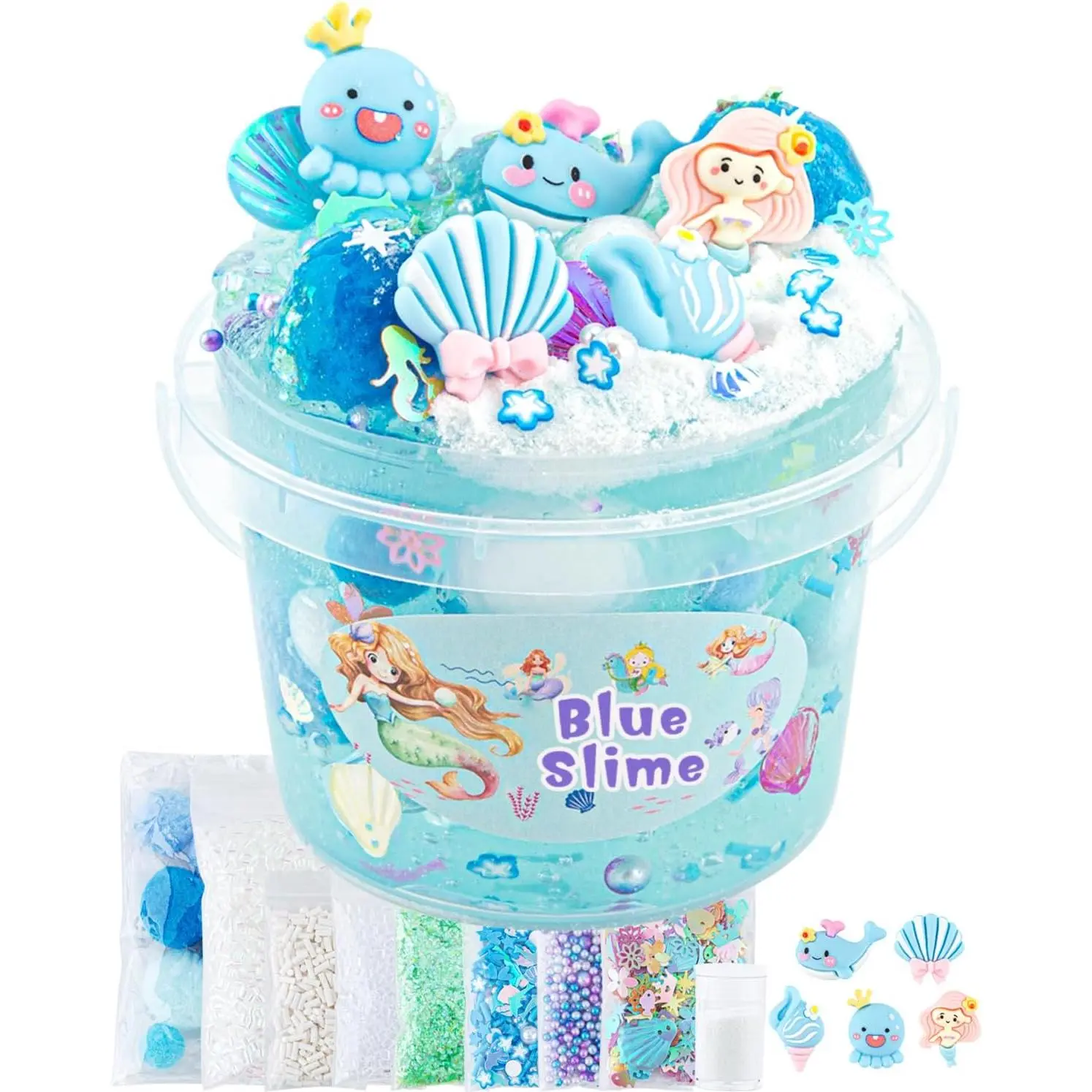 10 FL OZ Mermaid Clear Kit, Blue Bucket, Party Favors for Kids, Glimmer Crunchy Includes 9 Packs of Add-ins, Sensory Experience DIY Toys for Girls and Boys Ages 8-12