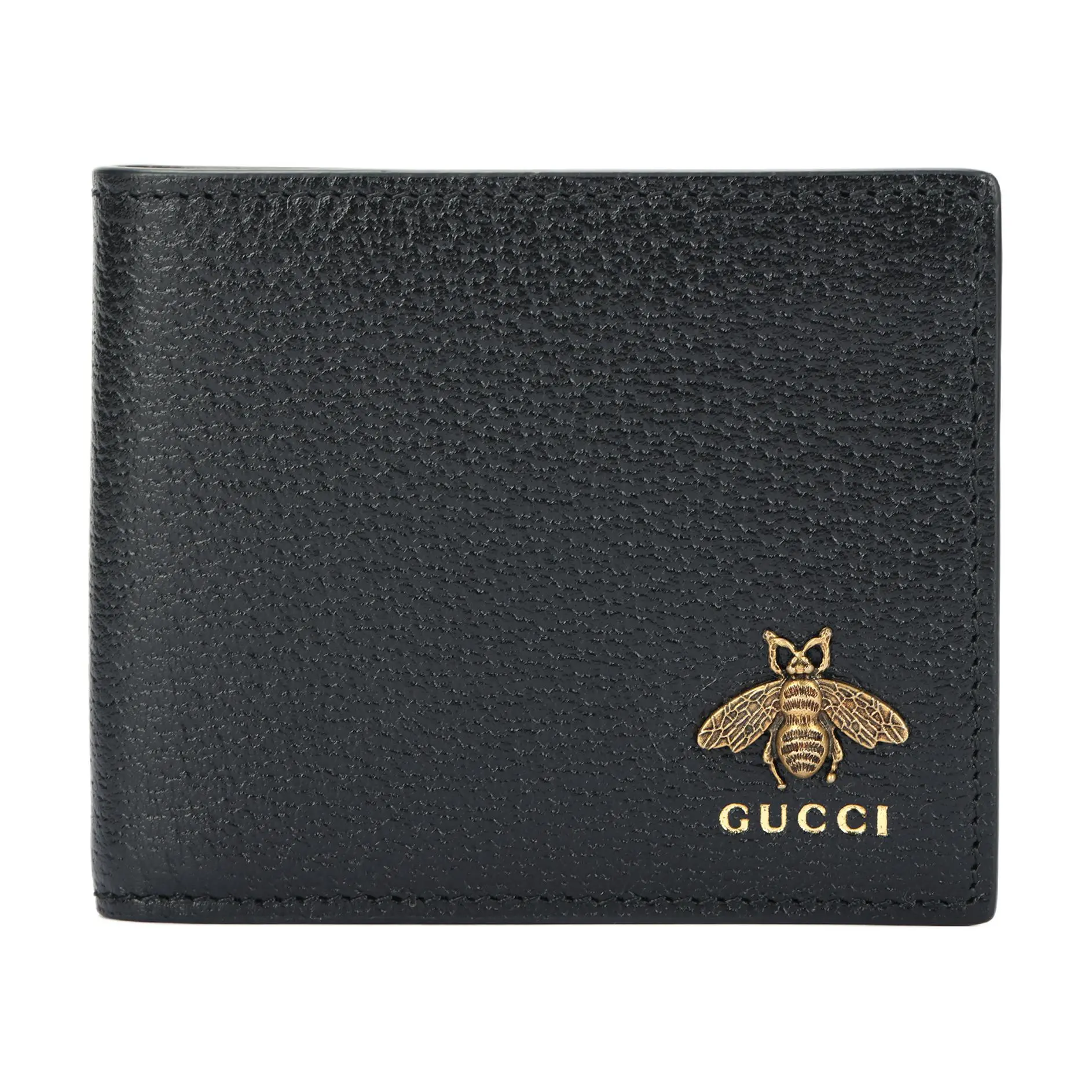 Gucci Men's Black Metallic Bee-Embossed Logo Bifold Leather Wallet, Gold-Plated, Grain, Embosser, Fold-Over Men's Wallet, Gold-Plated Men's Wallets, Grain Men's Wallets