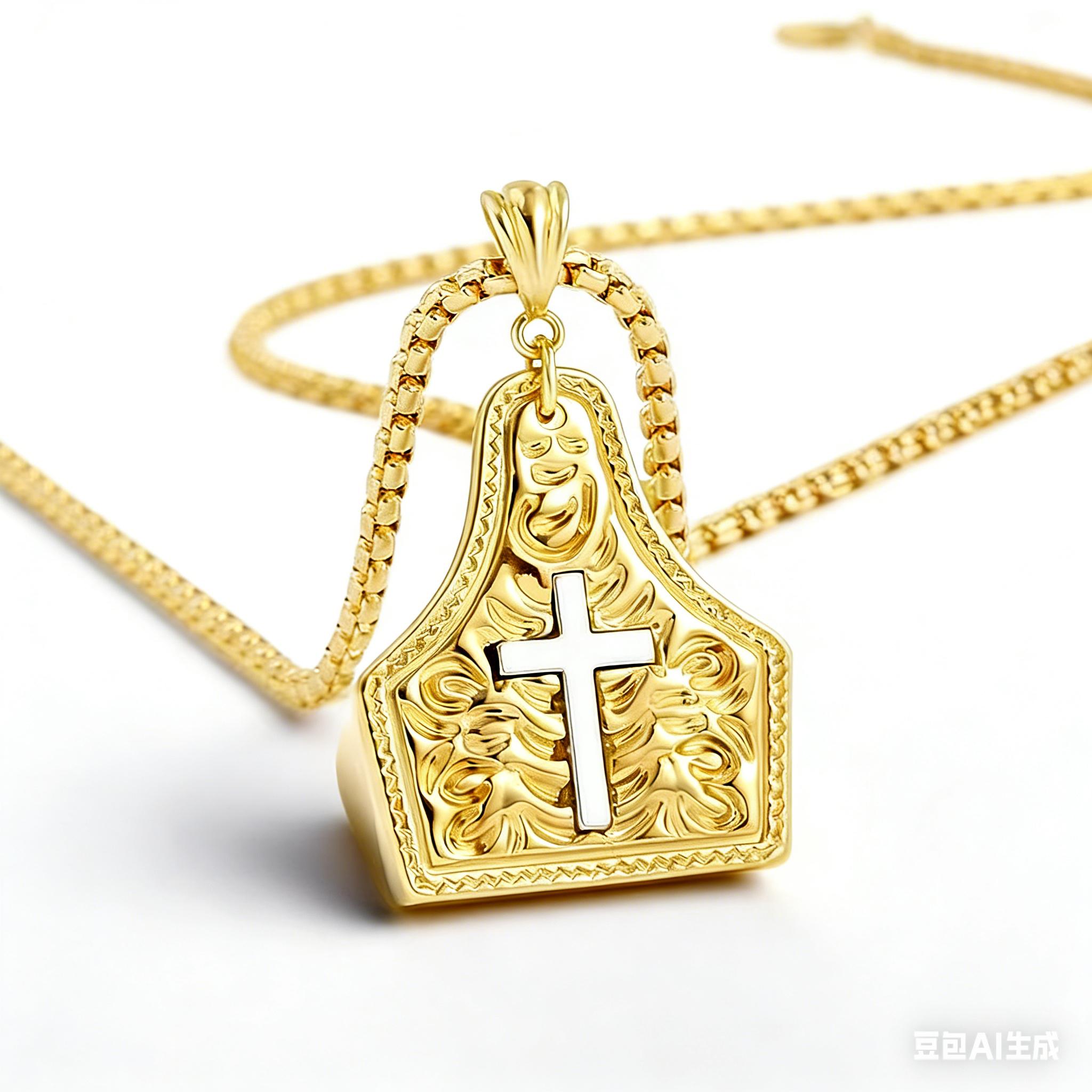 Western Cowboy Cross Pendant Necklace – Two-Tone Embossed Chain for Men & Women, Bold Gift for Him or Her