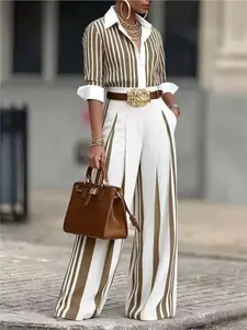 Women’s 2 Piece Striped, Button Down Shirt & Wide Leg Pants Pockets, Casual Matching Set, Long Sleeve, Office Work Chic