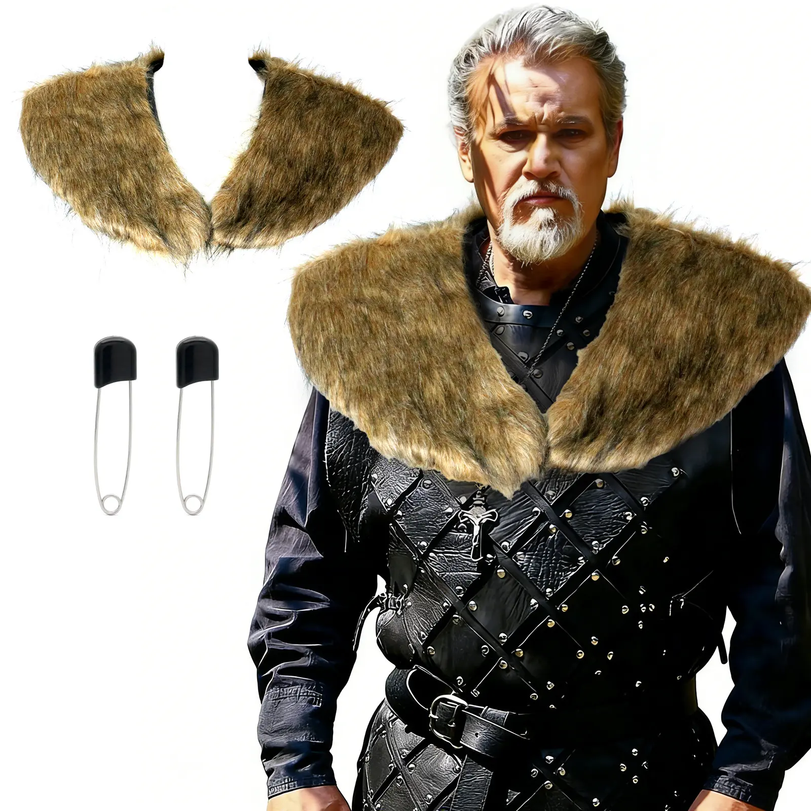 Effortless Brown Faux Fur Collar Shoulder Shawl Set Medieval Viking Warrior Mantle Wrap Faux Fur Scarf Pad with Black Safety Pins Renaissance Faire Barbarian Huntsman Cosplay Halloween Costume Accessories Men Women