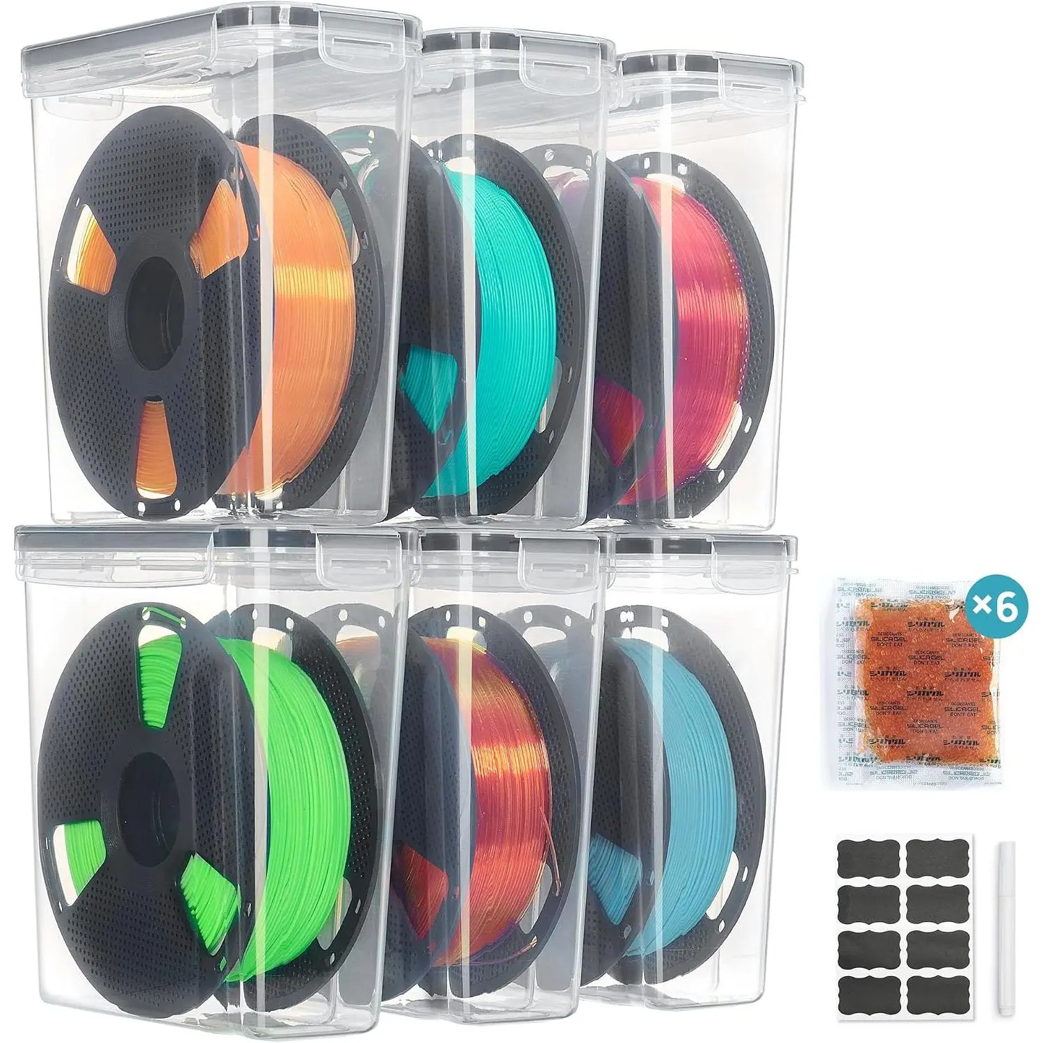 6 Pack Filament Storage Box - Filament Storage with Desiccant, Labels & Marker, Waterproof Filament Storage Container for 1KG Spools Dust-Proof & Stackable Box for PLA/ABS/PETG/TPU/Nylon