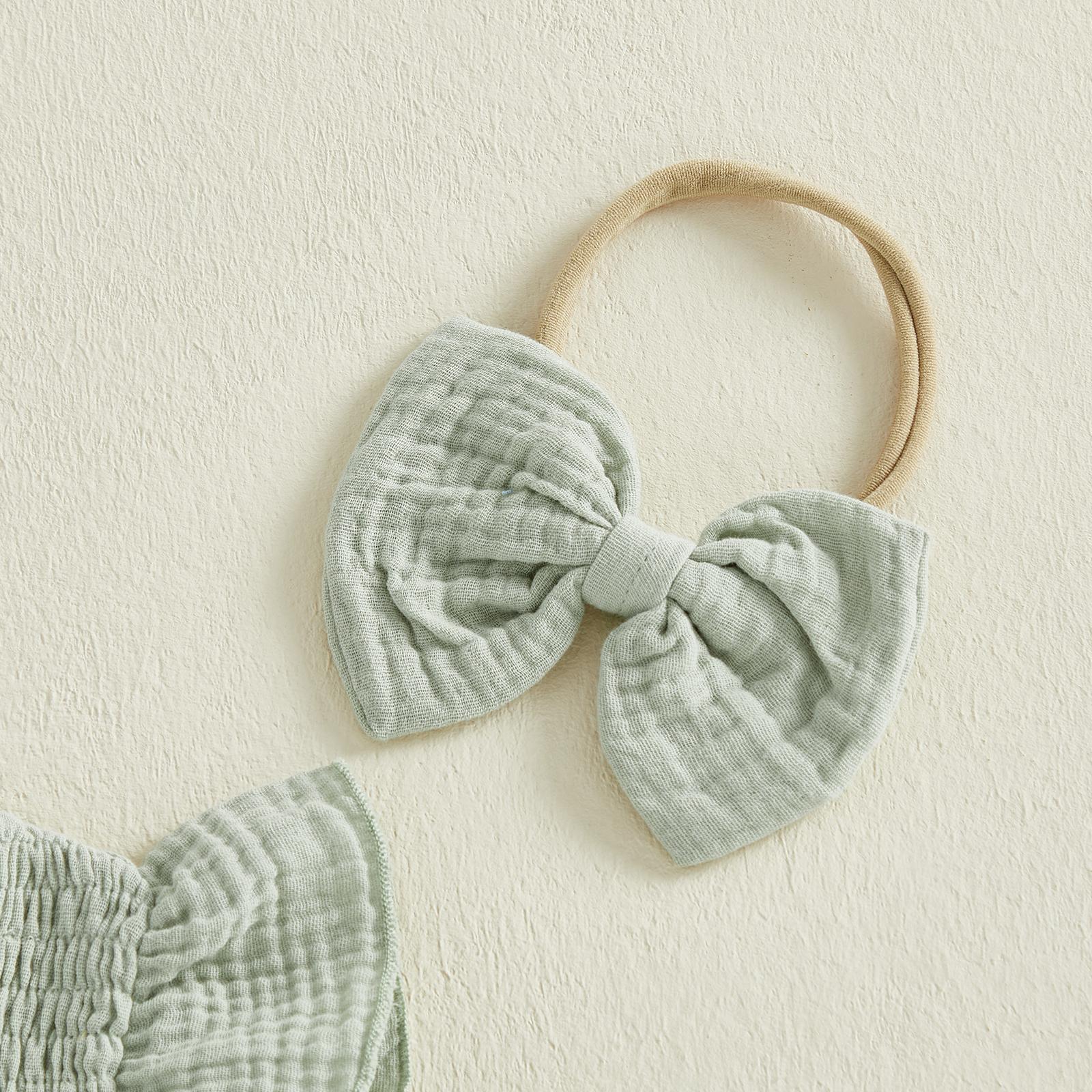 Newborn Baby Girl Romper Ruffle Sleeve Solid Smocked Bubble Romper Jumpsuit Bow Headband Cute Infant Summer Clothes