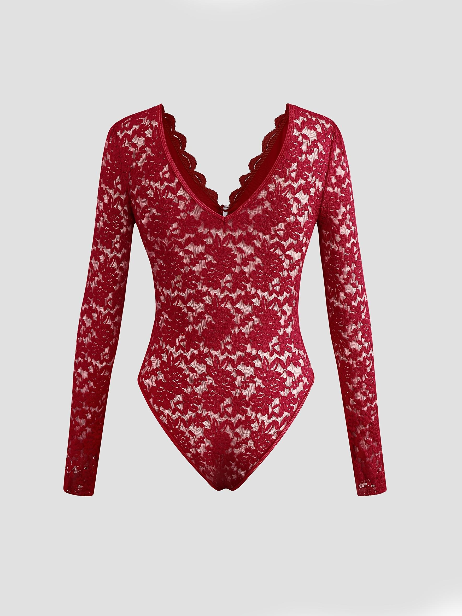 ChromaChic LEE Christmas Womens Elegant Lace Long Sleeve See Through Jumpsuit Sheer Bodysuit with Back Bow Hand Washable Wedding Night Dress Valentines Gift Bridal Lingerie lencería  fina