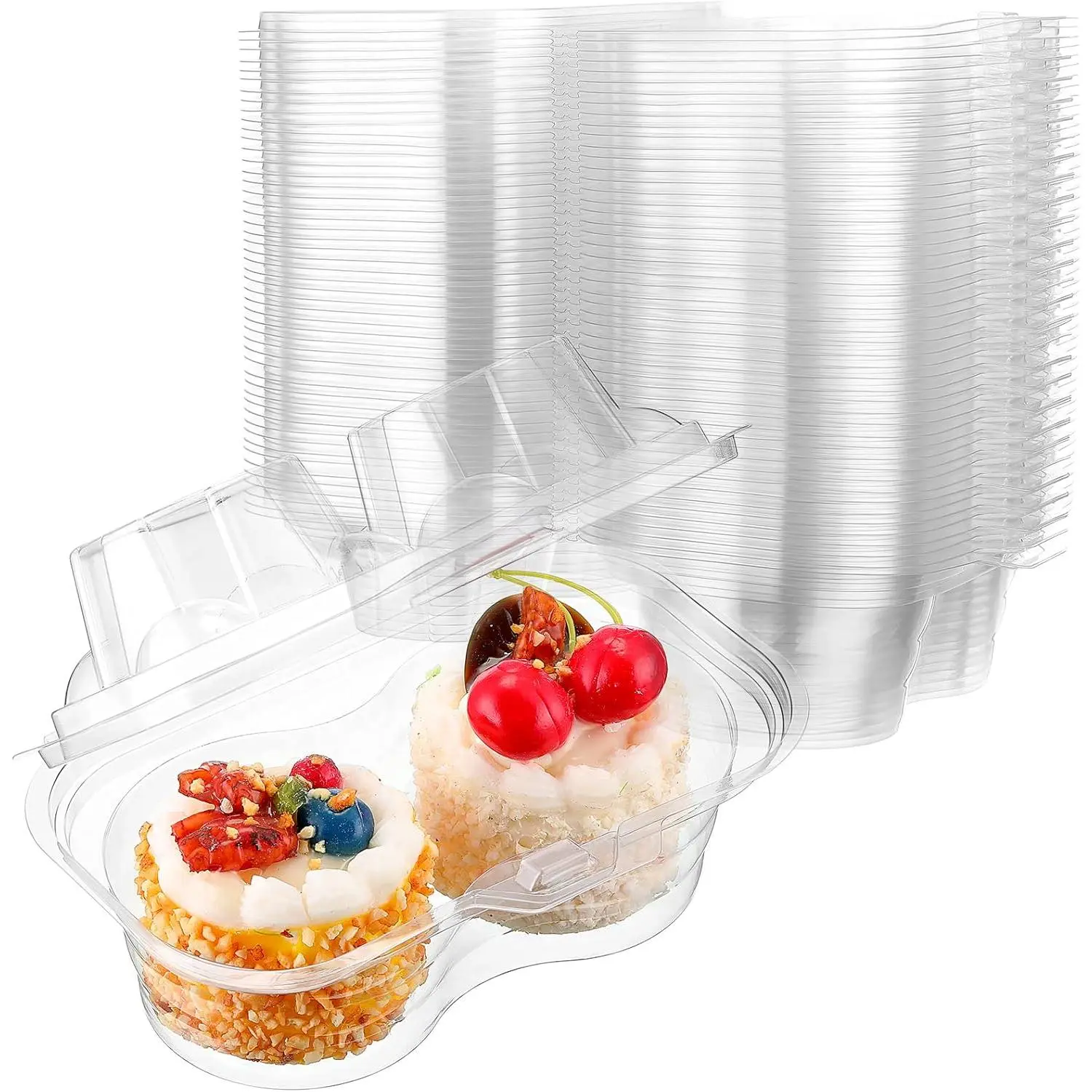 100 count 2 Compartment Plastic Cupcake Containers Disposable Deep Cupcake Carrier Holder Box with  Stackable Clear Dessert Container for Muffin Pies Weddings Birthday Party
