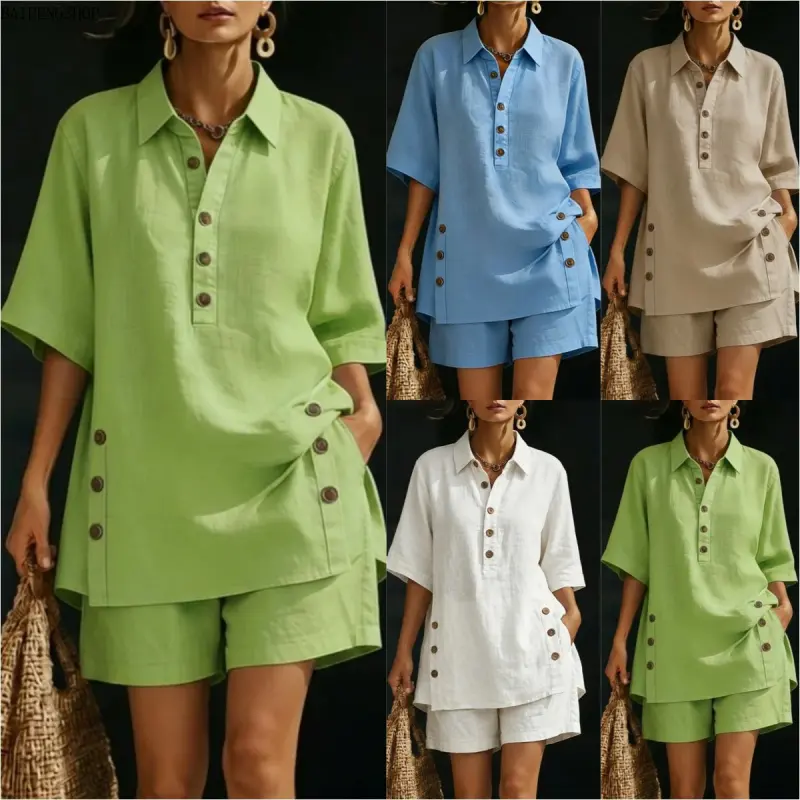 2026 New Women Plus Size Collared Loose Short Sleeve 2 Piece Outfit Set, Cute Heart Print Casual Shirt & Matching Shorts, Soft Summer Loungewear Daily Women Clothing