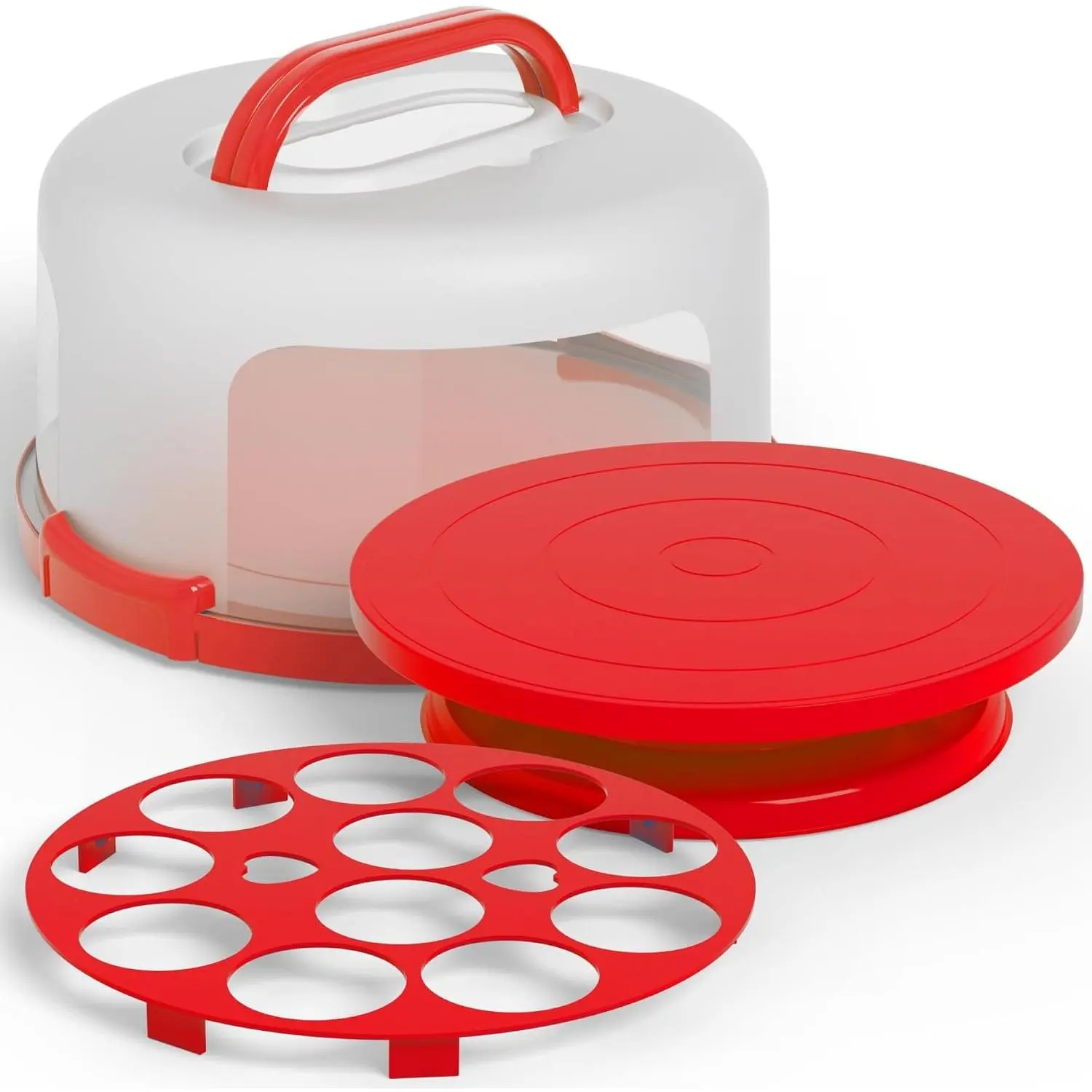 Cake Cupcake Carrier with Lid and Handle + Cake Stand Plate with Dome | 10" Round Cake Container Holder with Cover | Plastic Pie Carrier Cake Storage Container | Bunt Keeper Platter Tray for Transport