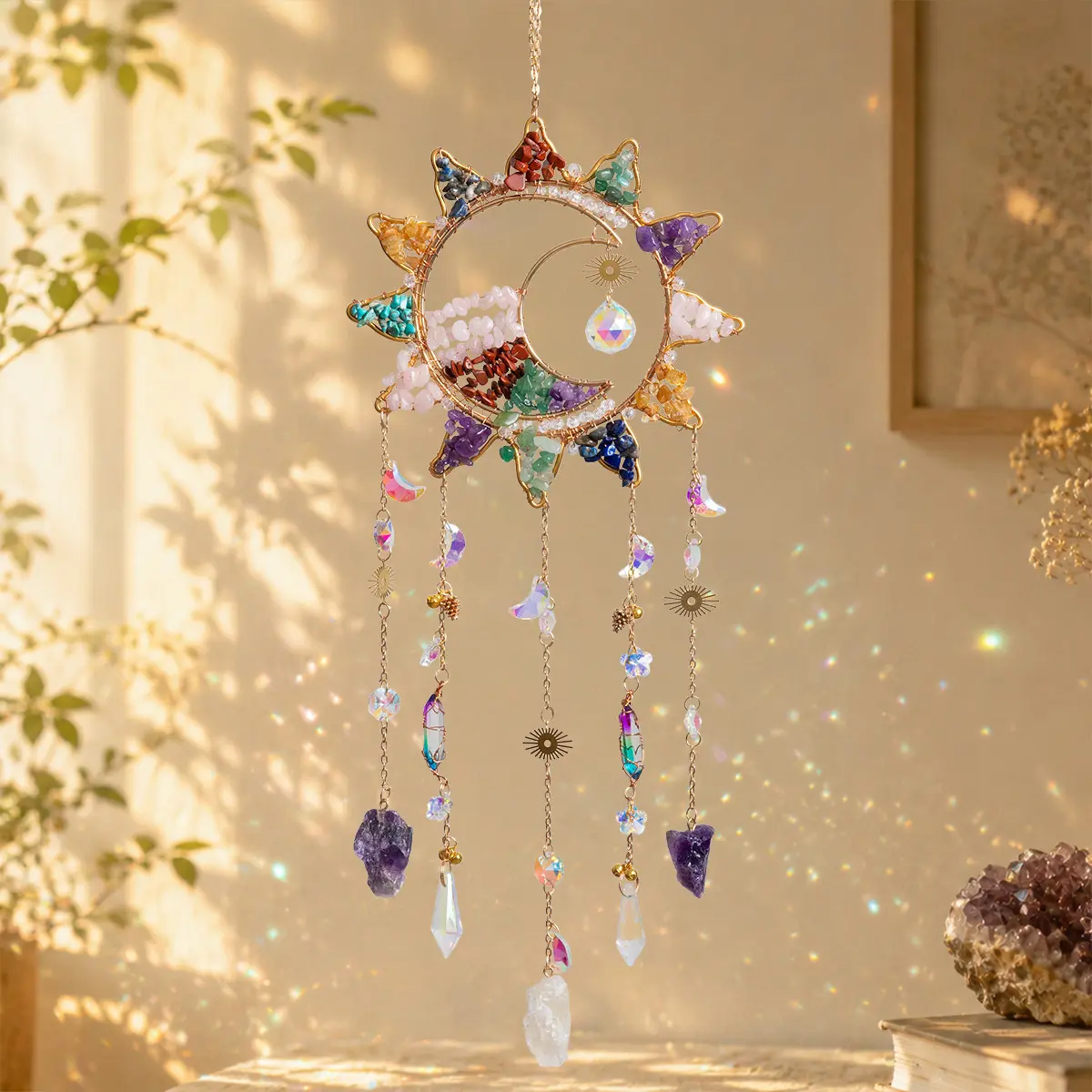Crystal Sun Catcher with Natural Gemstone Chips, Sun and Moon Gold Wire Wrapped Window Hanging Rainbow Maker, Faceted Crystal Prism Pendant Ornaments for Home Garden Balcony Window Decor