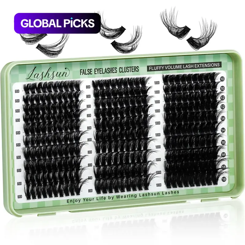 LASHSUN D-Curl Cluster Lashes Kit, 4 Styles in 10-18 mm and 14-22 mm Mixed Lengths, Soft, Voluminous, Volume False Eyelashes, Fluffy Eyelash Clusters, with Lash Bond and Seal, Remover, and Tweezers for Dates and Parties