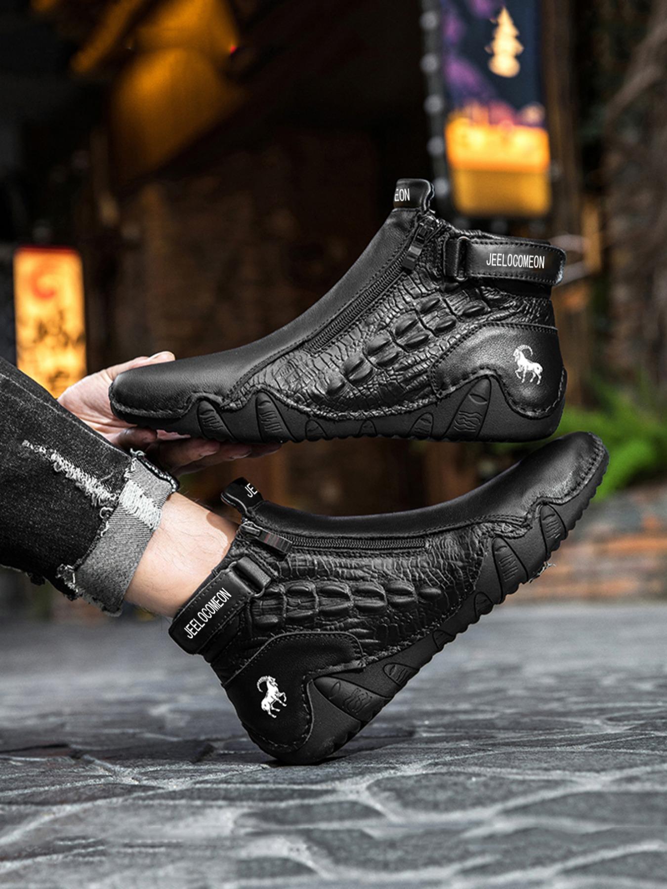 Men's Fashion Ankle Boots, Fashionable Boots, Animal Print, Side Zipper Design, Casual Comfortable Outdoor Shoes, All Season Wear, Trendy and Versatile