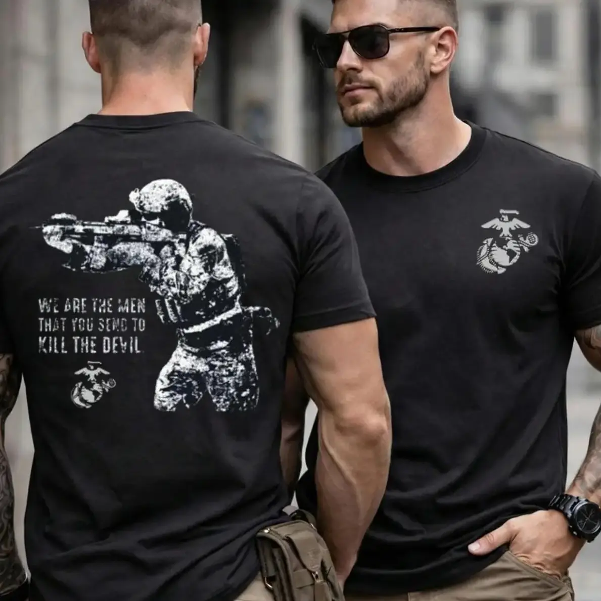 USMC Military Graphic T-Shirt for Men, Distressed Heavyweight Cotton Streetwear Tee, Athletic Short Sleeve with 2-Sided 'Kill the Devil' Print, Tshirt, Camo, Shortsleeve, Menswear, Vintage, Garment, Tops, Eagle, Cargo