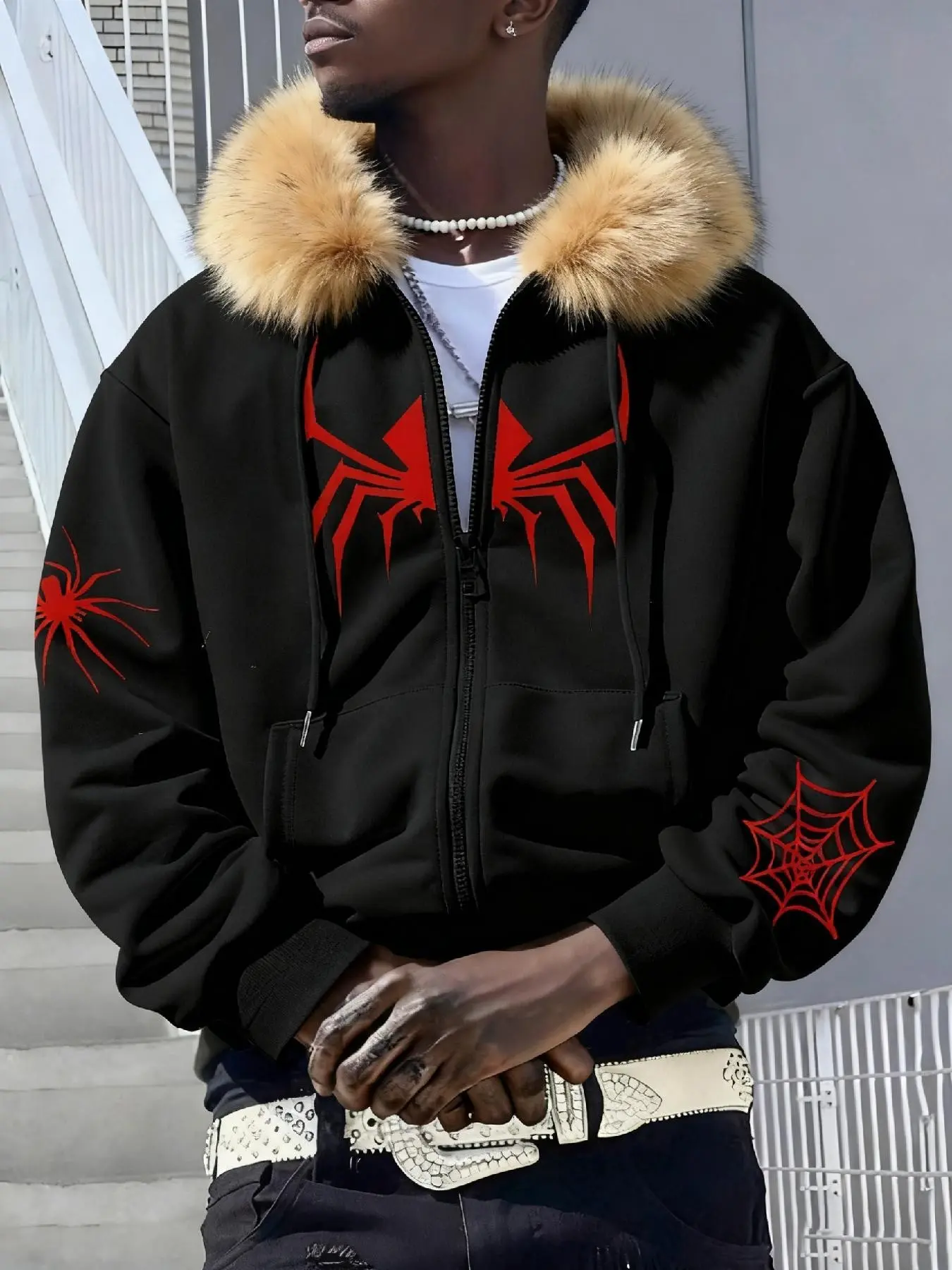 Bold Spider Design Jacket, Detachable Fuzzy Collar, Full Zipper, Thick Fabric, Fall Winter, Casual Style, Men's Trendy Look
