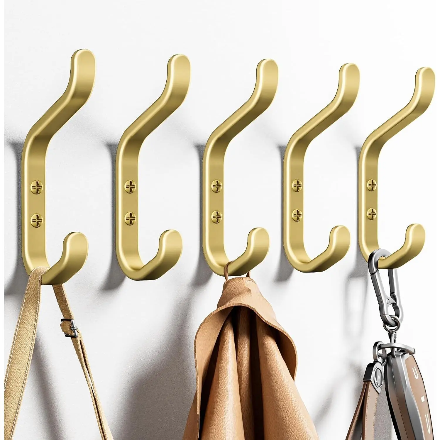 5 Pack Stainless Steel Double Wall Hooks for Coats, Backpacks, Bags, Keys & Towels - Heavy Duty 22Lbs Capacity, Gold Finish for Closet, Entryway, Door, BathroomGift