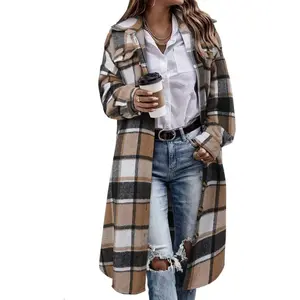 Womens Plaid Shacket Jacket Long Corduroy Shirt Casual Lapel Button Down Flannel Trench CoatsGift