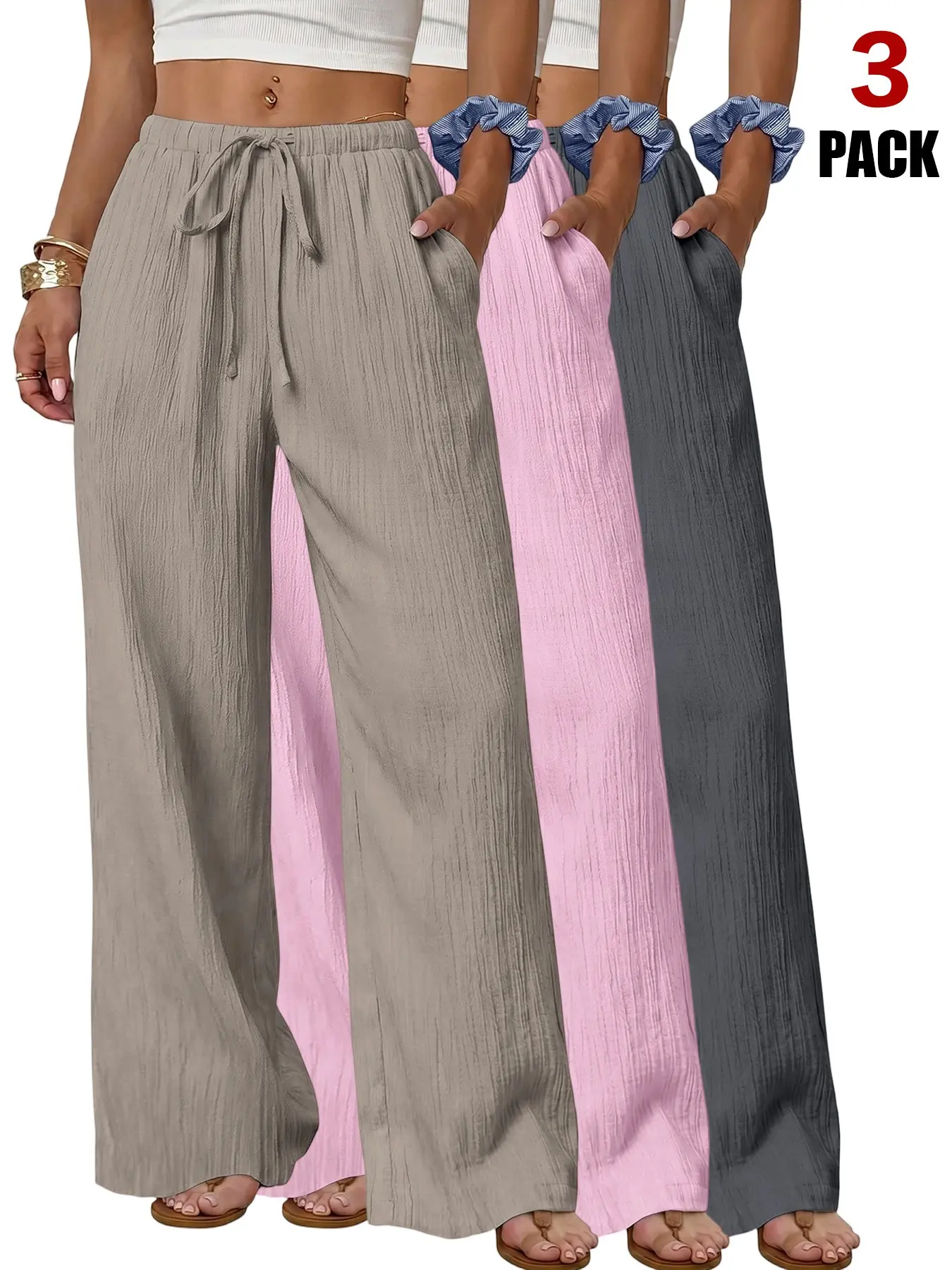 2026 French Bohemian Crinkled Women Palazzo Wide Leg Pants Bottom, Summer Adjustable Drawstring High Waist Loose Casual Chic Trousers, Flowy Resort Casual Pants with Side Pockets