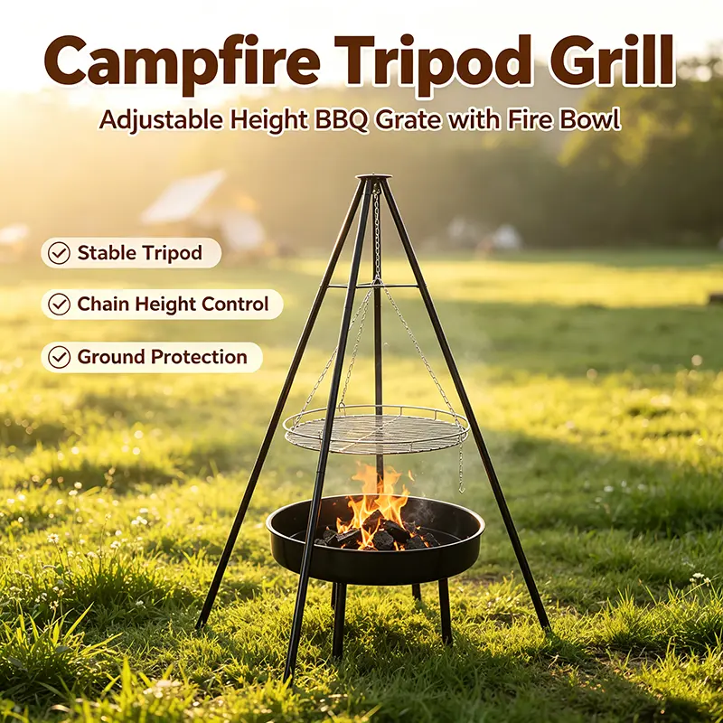 Campfire Tripod Grill, Adjustable Height BBQ Grill Grate with Fire Bowl for Outdoor Camping BBQ, Black