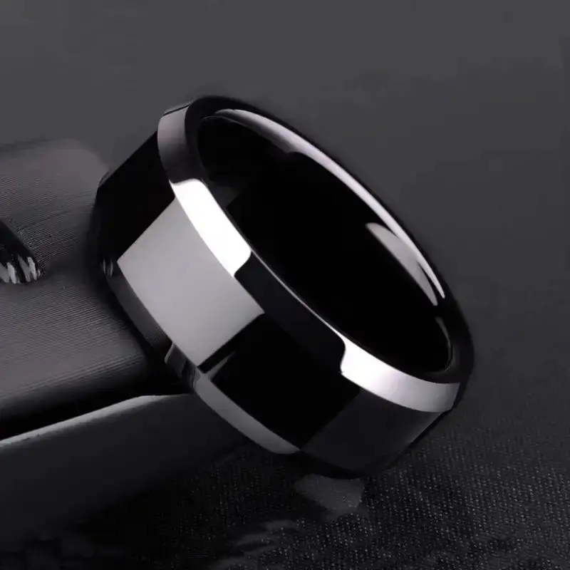 Men's 8mm Black Ring, Durable Beveled Edge Stainless Steel Metal Band with a Comfort Fit for Teens and Adults, Black Metal Rings, Engagement Rings, Copper Rings