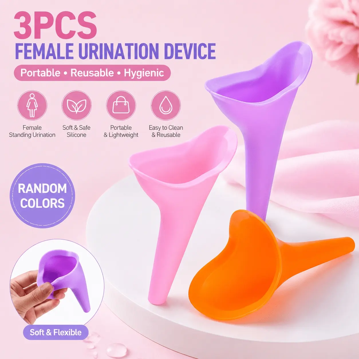 3pcs random color Female Urinal, Collapsible Urinals, Suitable for Travel, Portable Pee Funnel & Urination Device for Women's Hygiene, Hygienic Urinal for Camping, Hiking, Compact Public Restroom Essential for Equality Gifts and Female Health Benefits