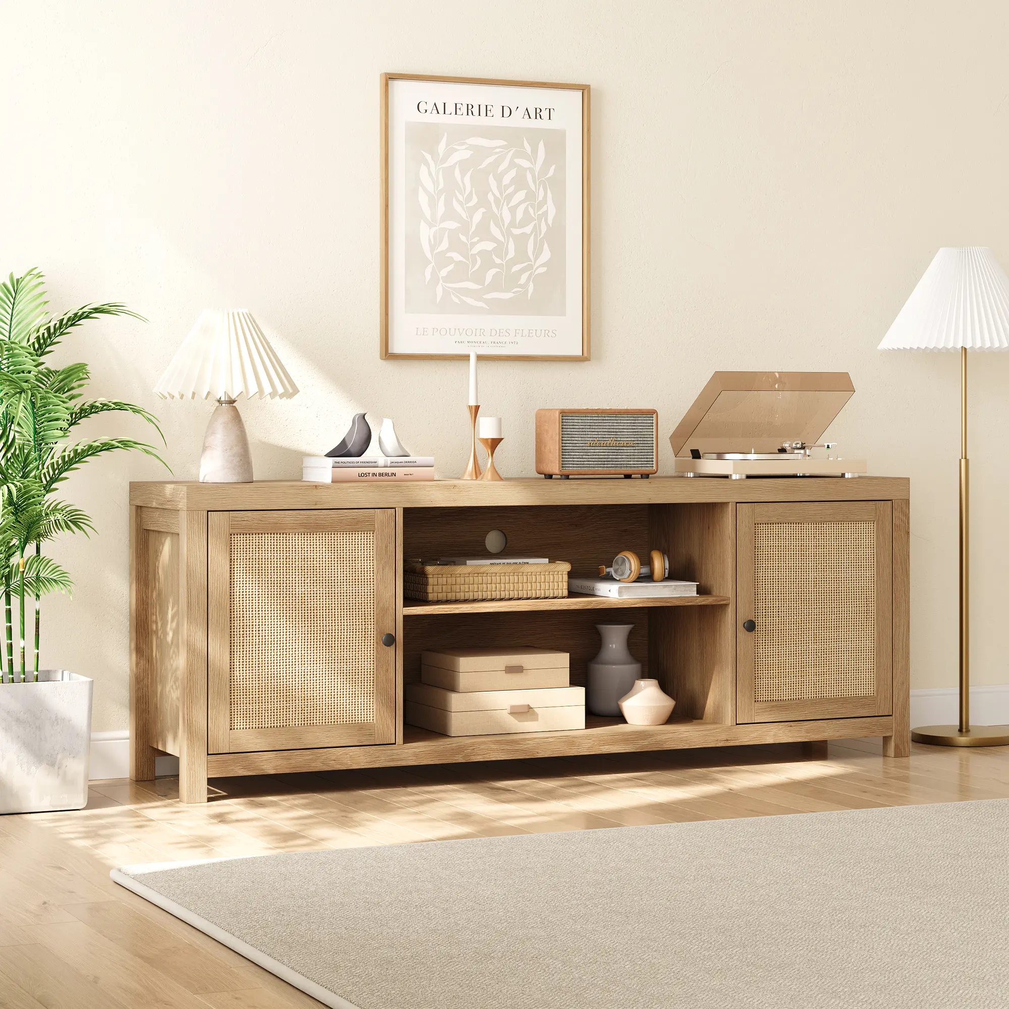 🌿 66/58" Rattan TV Stand for 75" TVs – Boho Mid-Century Media Console with Adjustable Shelves, Natural Oak Finish & Soft-Close Doors! ✨