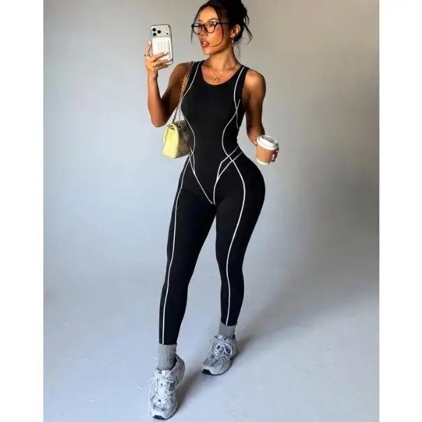 Women's Color Block One Piece Yoga Jumpsuit, Sleeveless Capri Length Bodysuit, Butt Lift Slim Workout Outfit for Yoga Running Gym, All Seasons Activewear