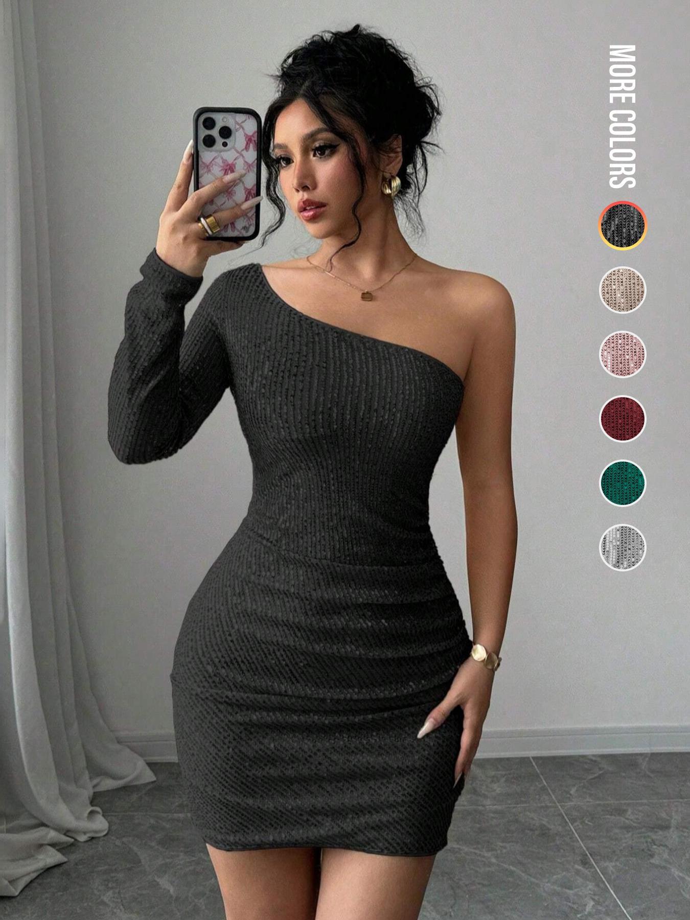 Women's Off Shoulder  Sequins Bodycon Fit Dress, Elegant Fashion Short Dress for Party Club Dating Formal Wear, Ladies Dress for All Seasons