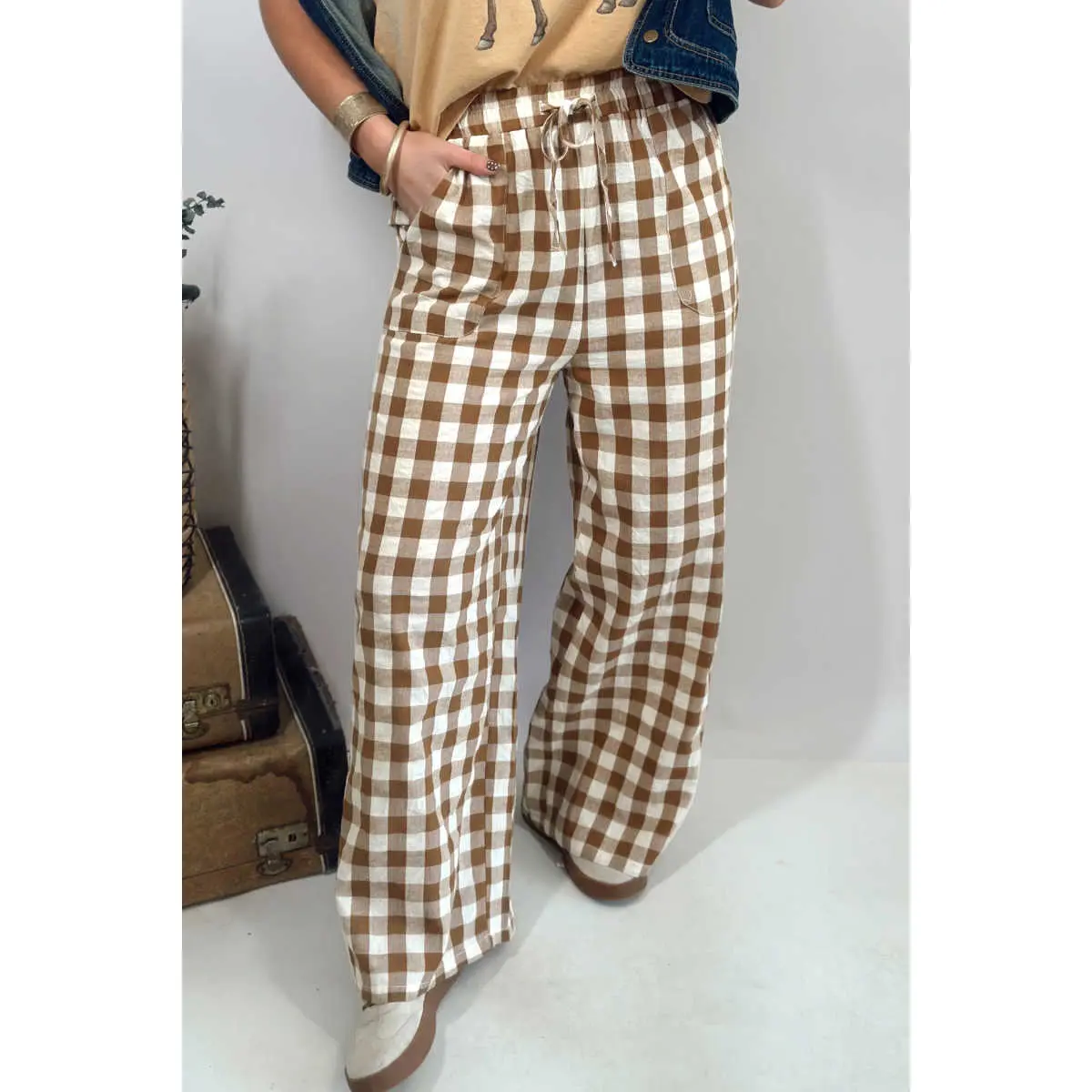 Women's Cotton Casual Brown Gingham Plaid Tie-Waist Shift Pants, Stylish Women's Bottoms, Bottom