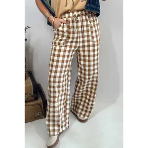 Brown Gingham Plaid Tie Elastic Waist Shift Pants