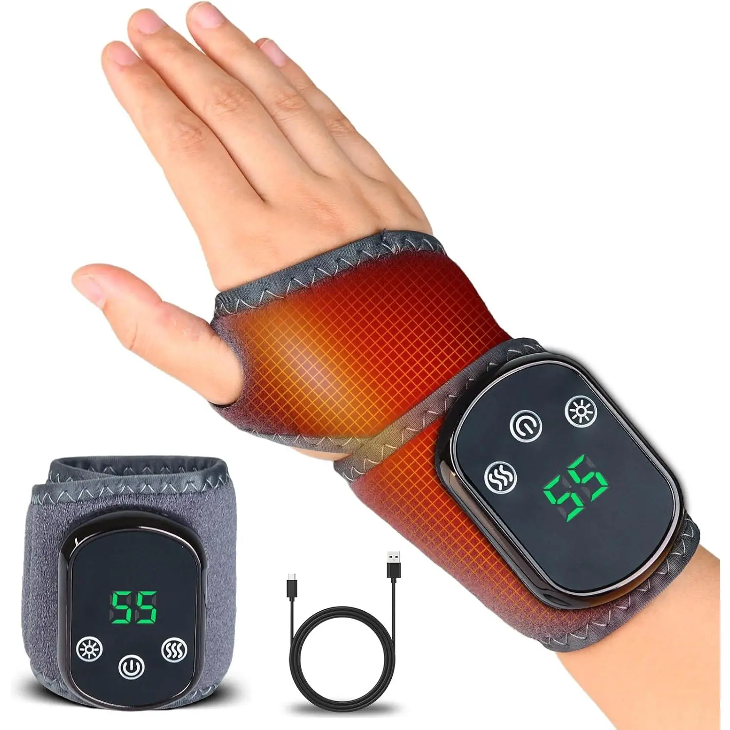 Rechargeable Cordless Wrist Heating Pad - Adjustable 5 Heat Levels & 3 Vibration Modes, Fits Left & Right Hands for Work, Travel, Exercise