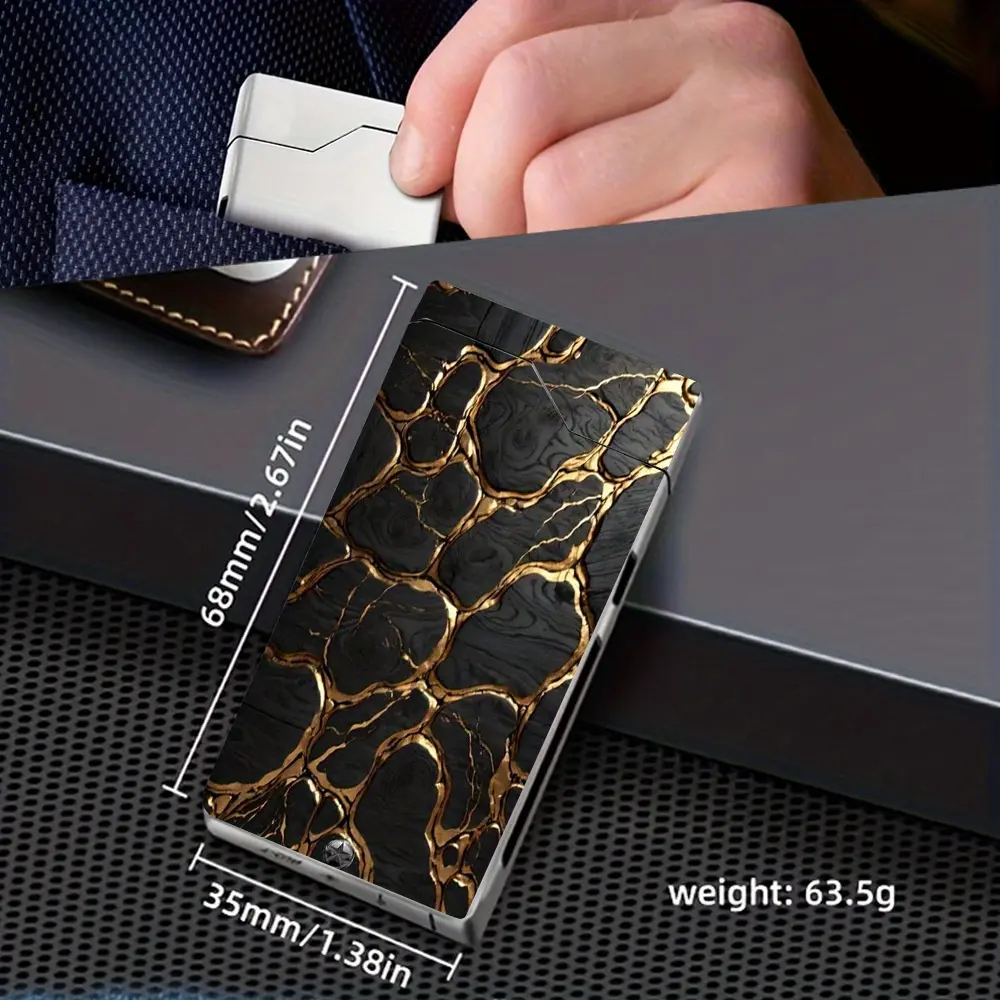A Windproof Electric Arc Lighter Featuring a Black And Golden Marble Pattern. This Windproof Lighter Has a Metal Casing, Battery Level Display, Type-C Charging, Dual Arcs, Gift Box Packaging, a Power-Off Program