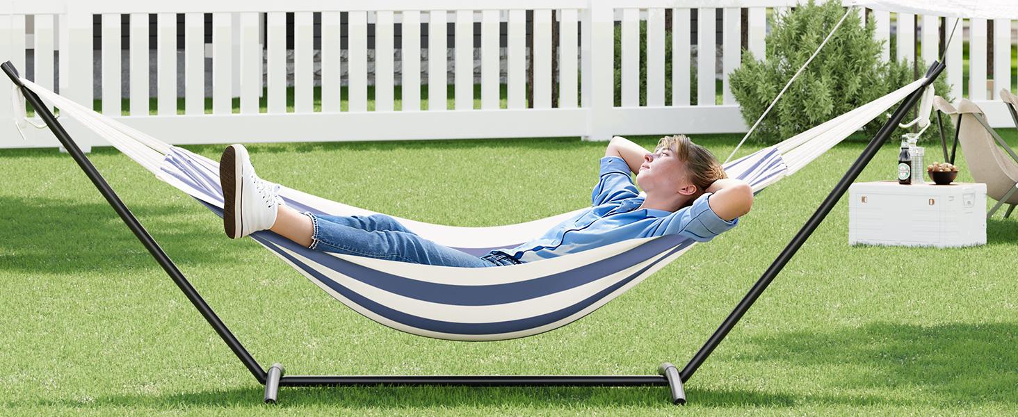 Double Hammock with Stand  Combo Heavy Duty 450lbs Capacity, Portable Cotton Hammock for Two Adults, Indoor & Outdoor Use with Travel Bag, Blue&White Stripe Pattern