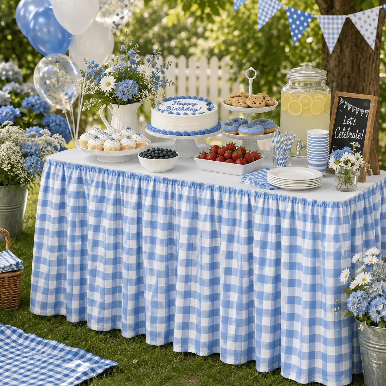 Blue Plaid Tablecloth for Birthday Halloween Christmas Parties, Light Blue Farmhouse Pattern, Ideal for Back-To-School Classroom Tea Party Dessert Welcome Daily Use