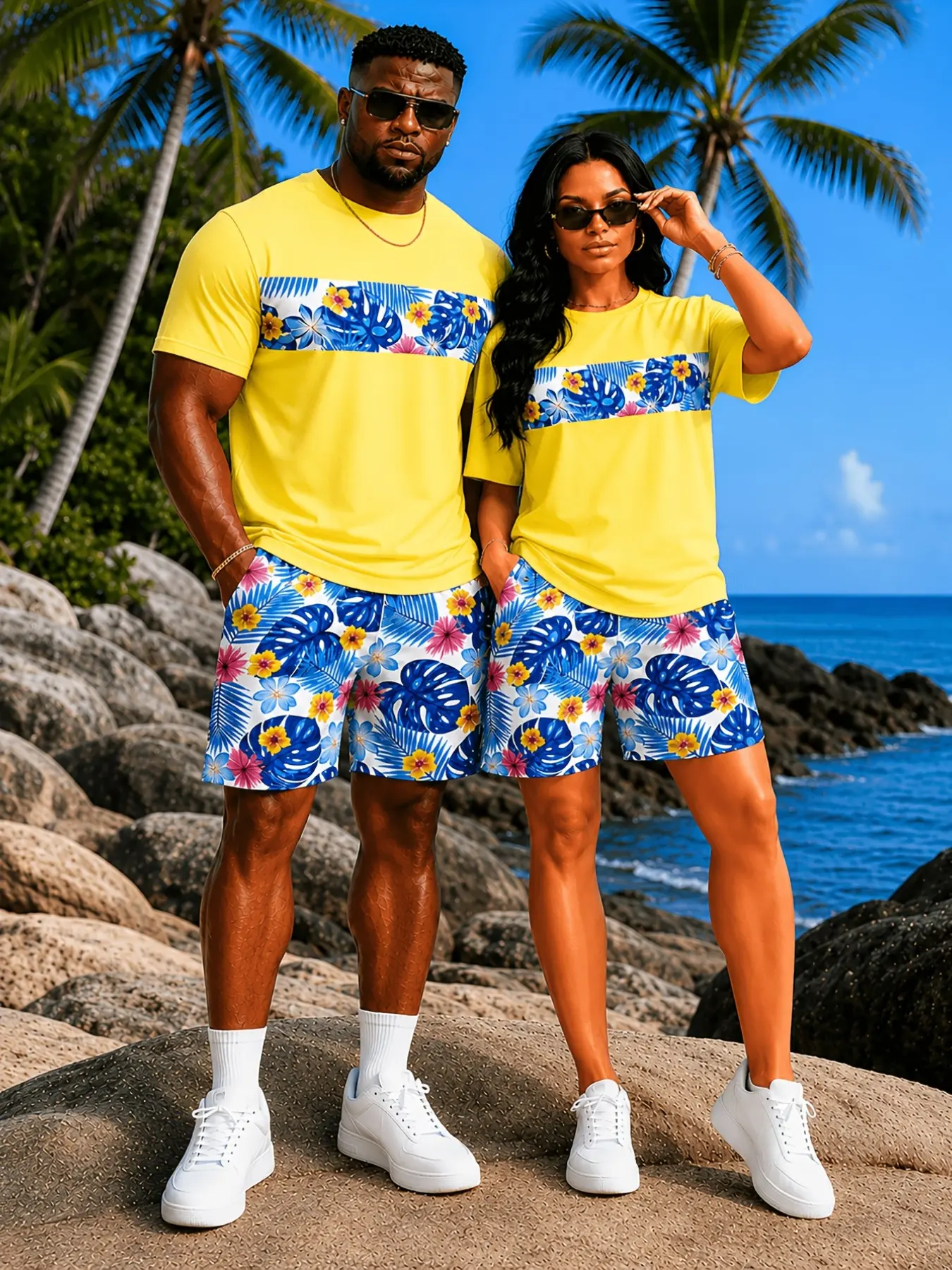 Couple Summer, Unisex Tee and Shorts Set, Trendy Colors, Tropical Hawaiian Leaf Print, Beach Vacation, Perfect Gift for Partner
