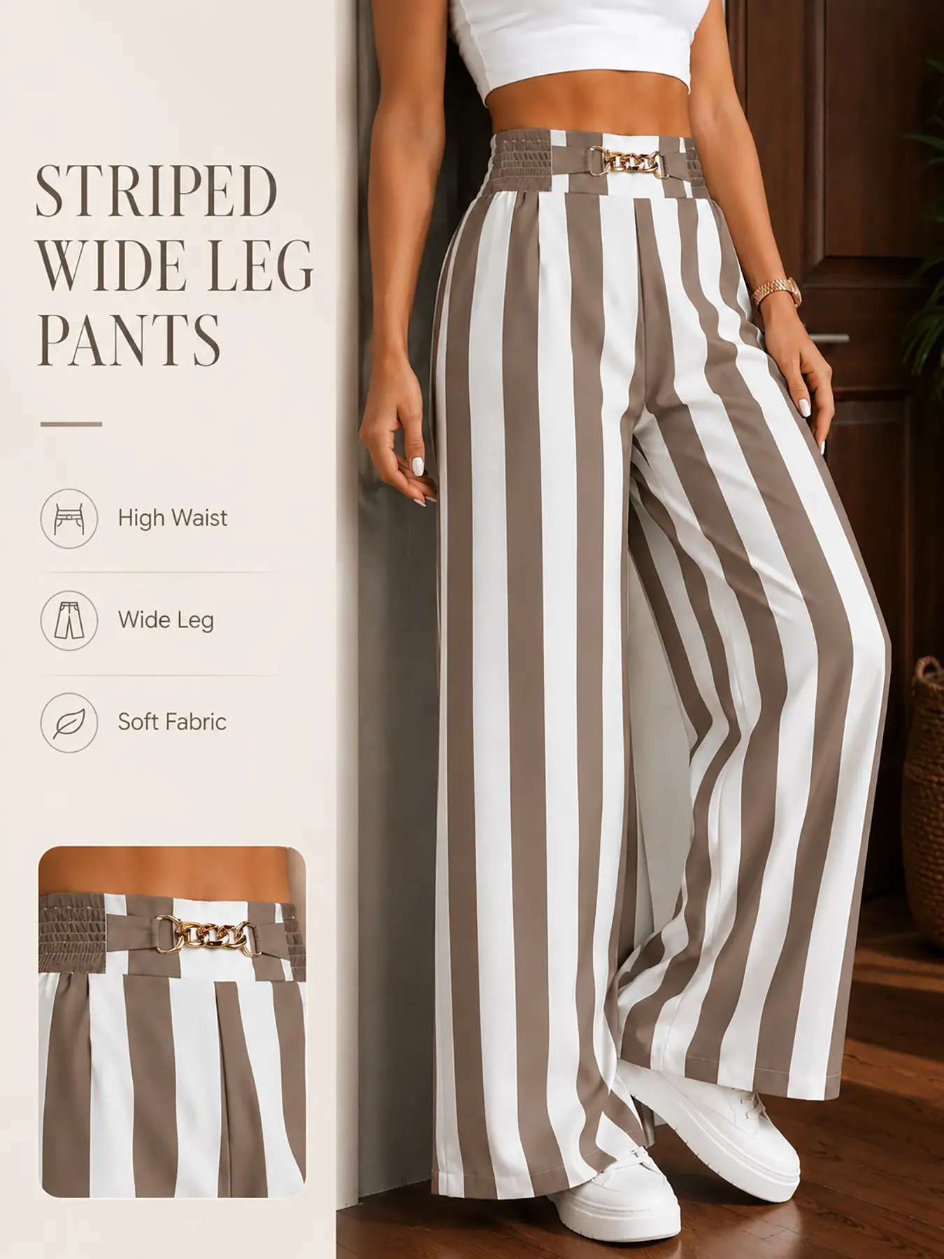 High Waist Striped Wide Leg Trousers Women Summer Boho Palazzo Pants Casual Beach Outfit Holiday Travel Relaxed Fit