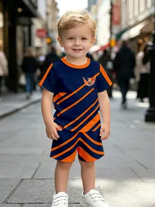 Boys' Navy Team Logo Print Soccer Short Sleeve Shorts Set, Casual Fitted Asymmetrical Design, All over Print, Natural Waist