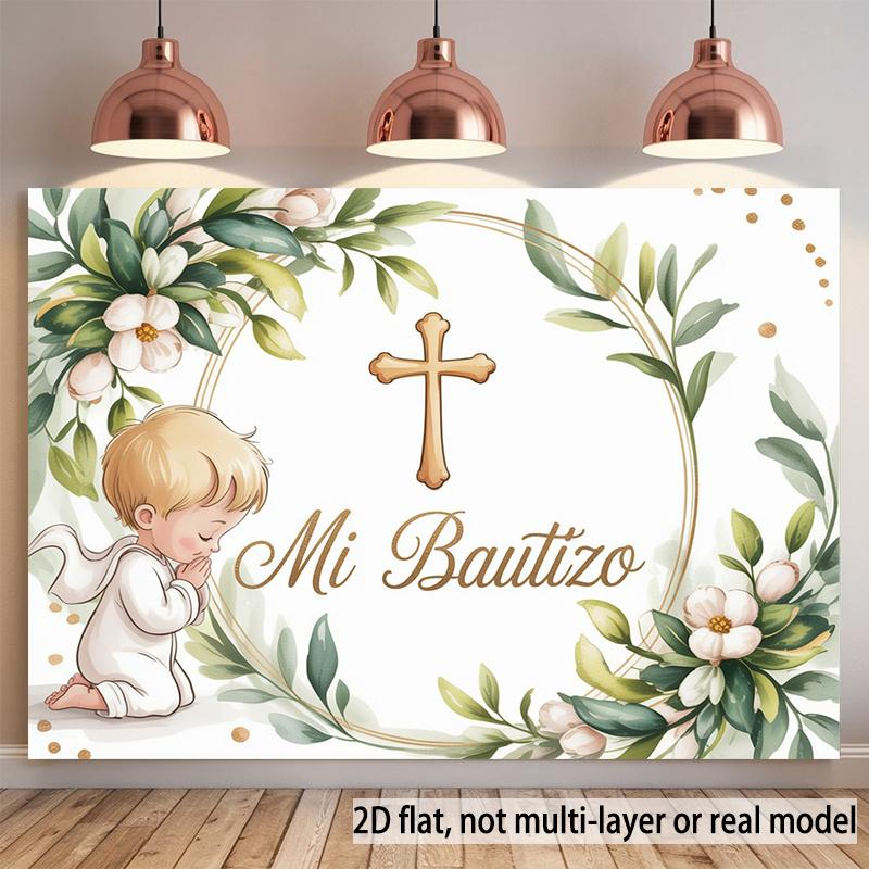 2D Flat, 2D Flat Banner, 1pc, Baptism Invitation with Floral Accents Background Decoration Background Photo Props, Banner Decor, Home Decor, Room Decor, Wall Decor, Party Background Decor, Party Decor/supplies/g